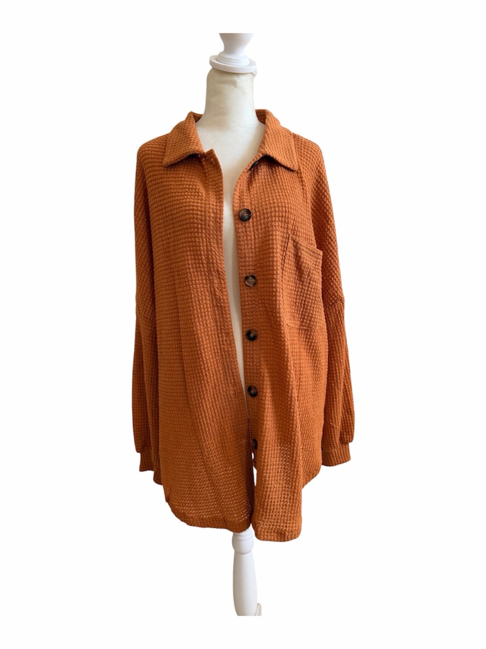 Waffle Button-Up Oversized Shirt in Rust Orange Size L NWOT